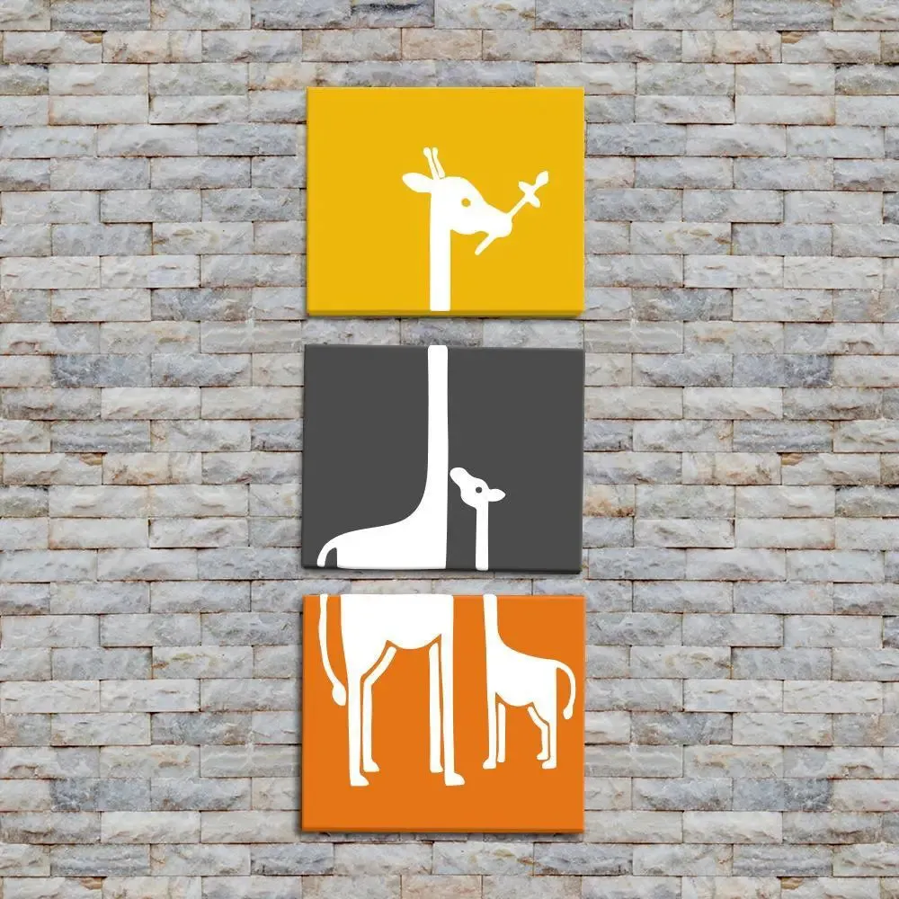 Giraffe Animal Wall Painting / 3 Pieces Canvas Print /Stretched and Framed on Wood / 12" W x 32" H