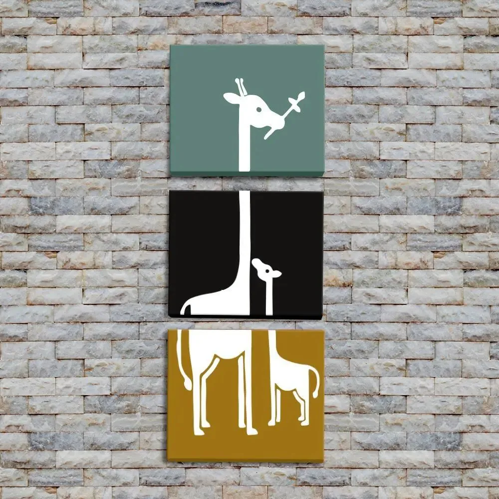 Giraffe Animal Wall Painting / 3 Pieces Canvas Print  /Stretched and Framed on Wood / 12" W x 32" H