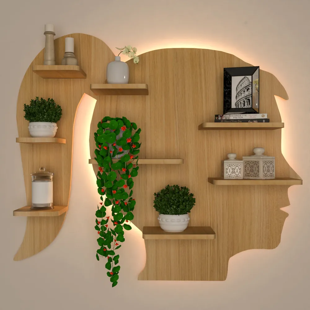 Girl Backlit Wood Wall Shelf / Book Shelf / Night Light, Light Oak Finish Regular ( 32 inches x 27 inches )