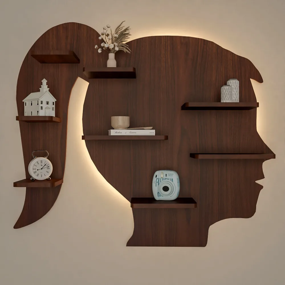 Girl Backlit Wood Wall Shelf / Book Shelf / Night Light, Walnut Finish Regular ( 32 inches x 27 inches )