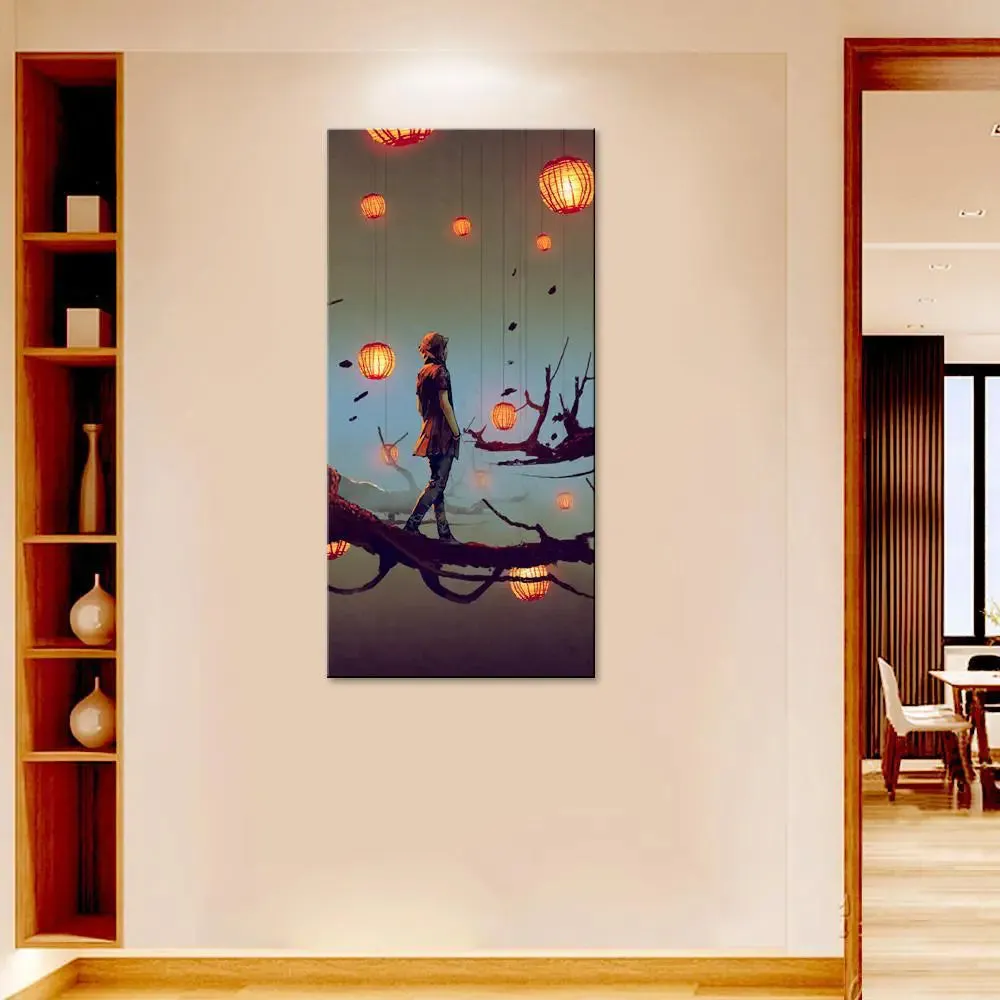 Girl on Branch With Paper Lantern Canvas Printed Wall Painting With Frame