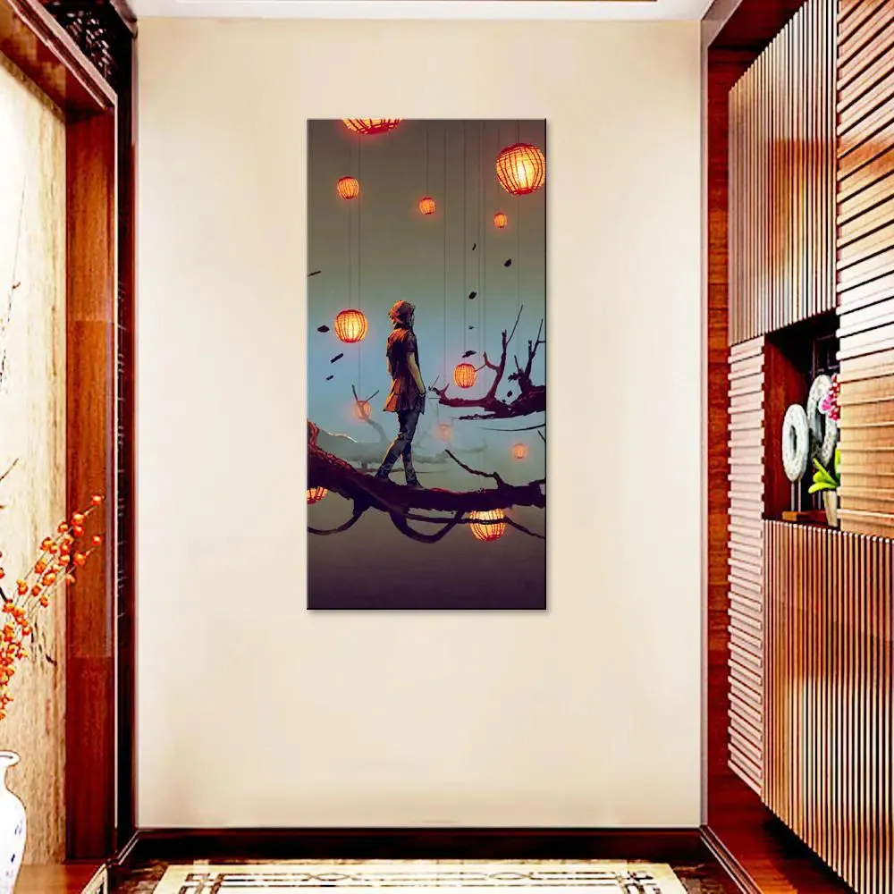 Girl on Branch With Paper Lantern Canvas Printed Wall Painting With Frame