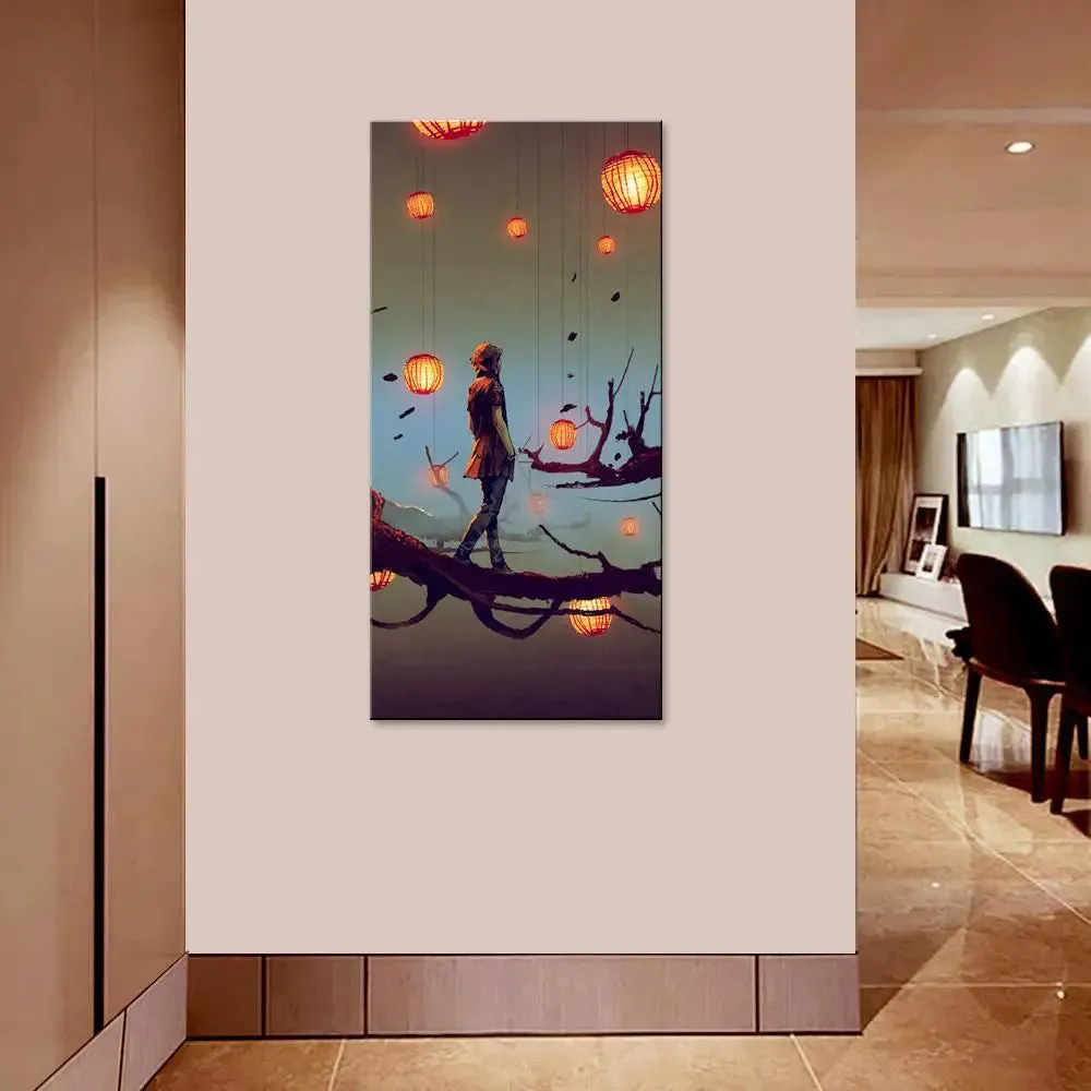 Girl on Branch With Paper Lantern Canvas Printed Wall Painting With Frame