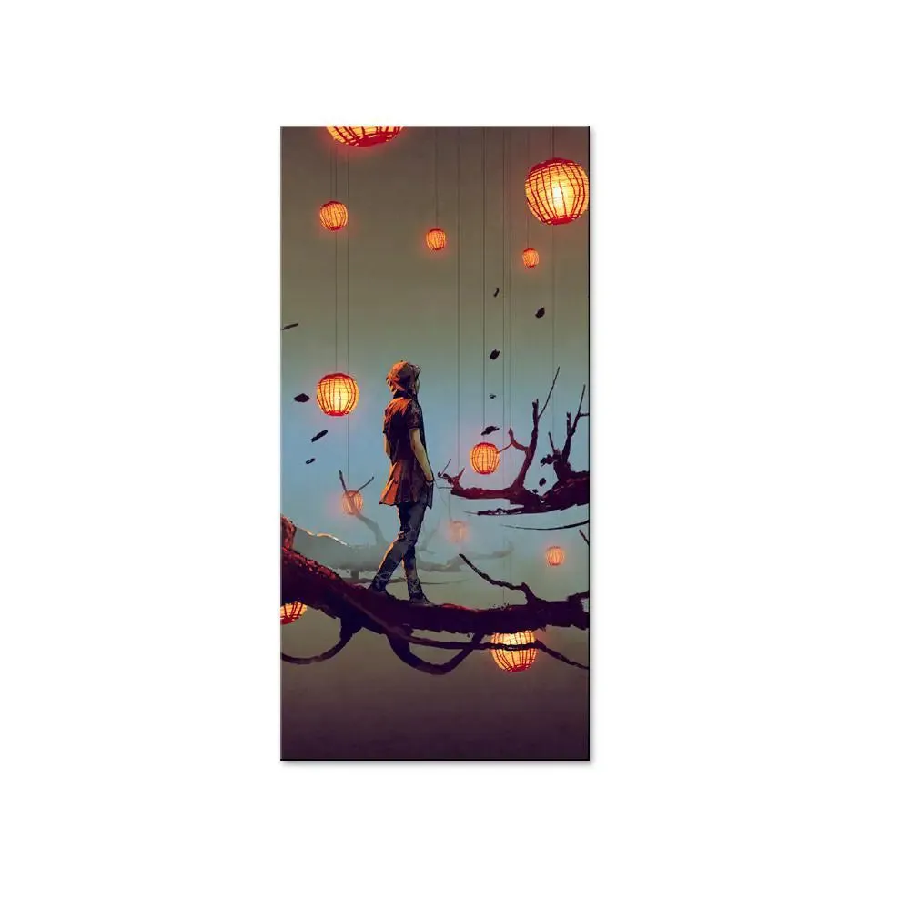 Girl on Branch With Paper Lantern Canvas Printed Wall Painting With Frame