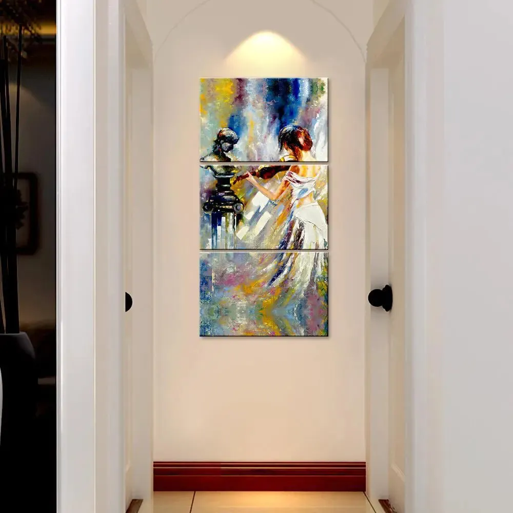 Girl Playing Violin Wall Painting Wooden Framed 3 Pieces Canvas Painting