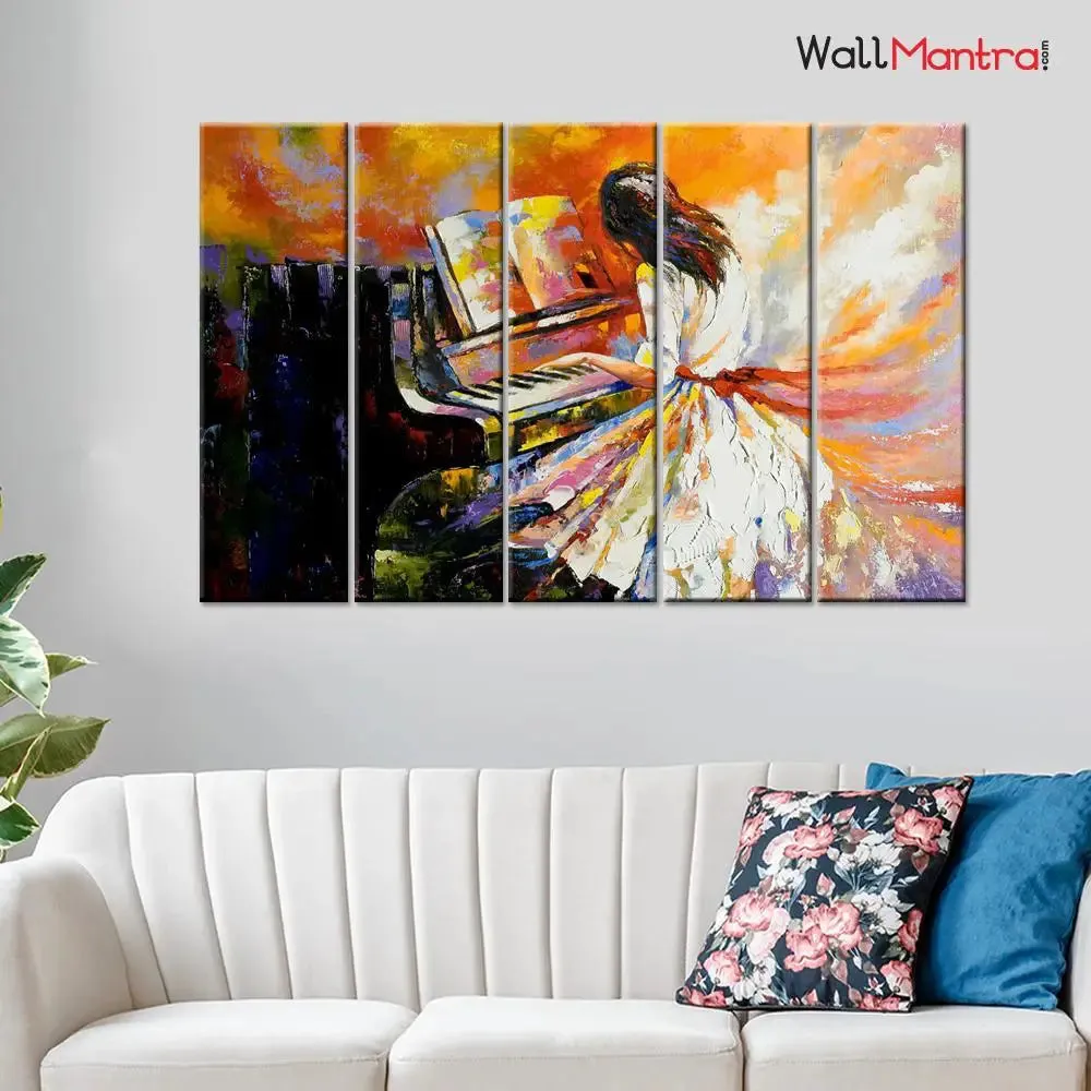 Girl Playing With Piano Abstract Design Canvas Printed Wall Painting in 5 Pieces