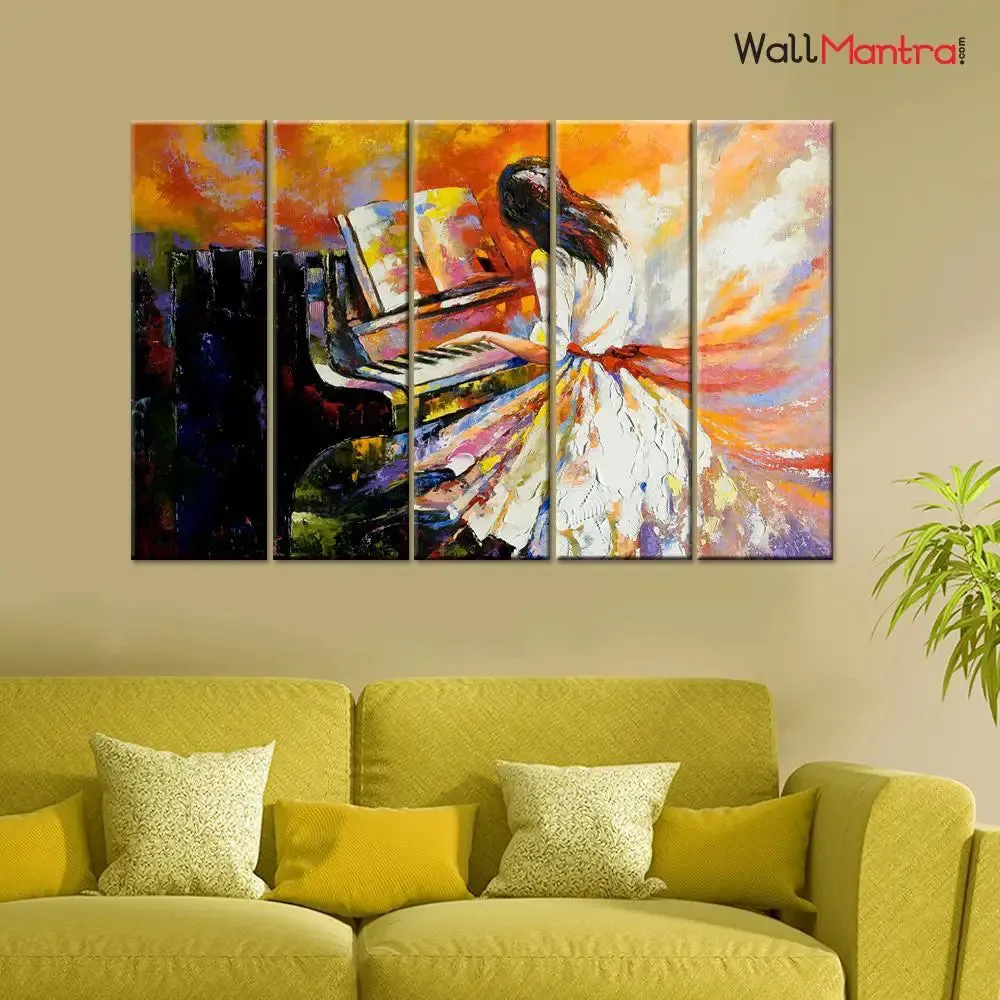 Girl Playing With Piano Abstract Design Canvas Printed Wall Painting in 5 Pieces