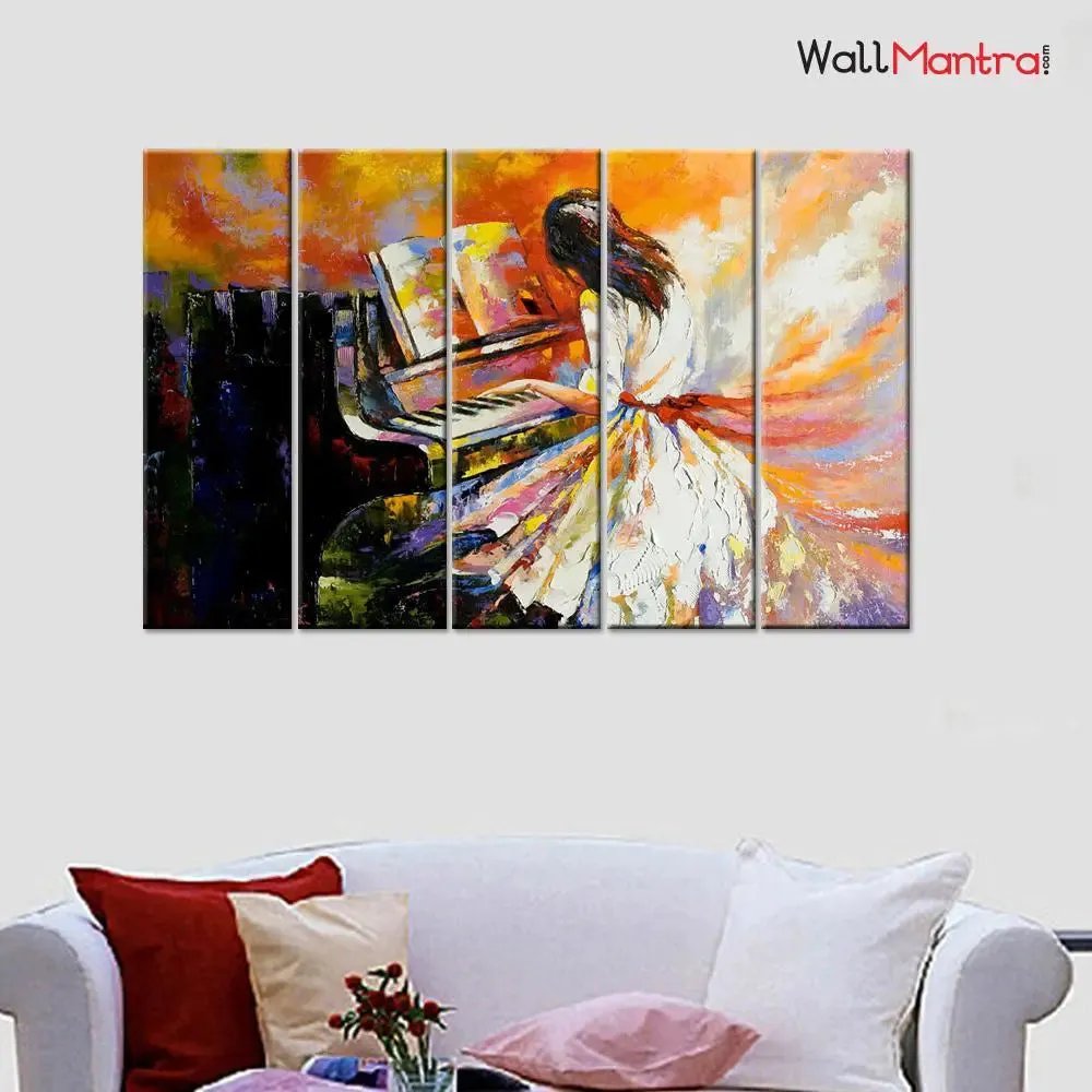 Girl Playing With Piano Abstract Design Canvas Printed Wall Painting in 5 Pieces