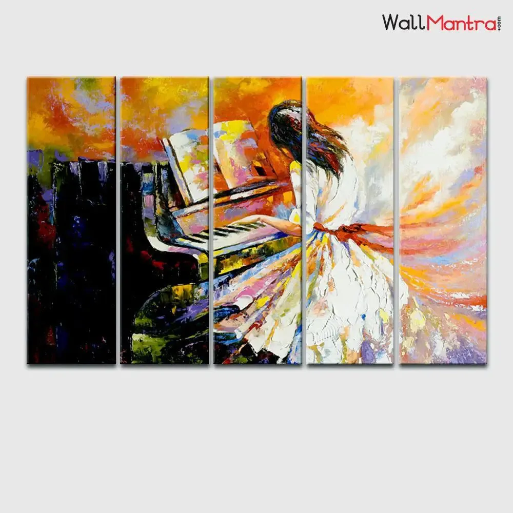 Girl Playing With Piano Abstract Design Canvas Printed Wall Painting in 5 Pieces