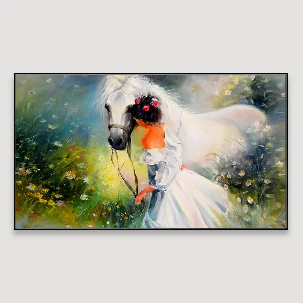 Girl with a Horse Canvas  Big Panoramic Wall Hanging With Wood Frame