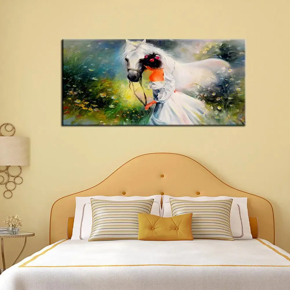 Girl with a Horse Canvas  Big Panoramic Wall Hanging With Wood Frame
