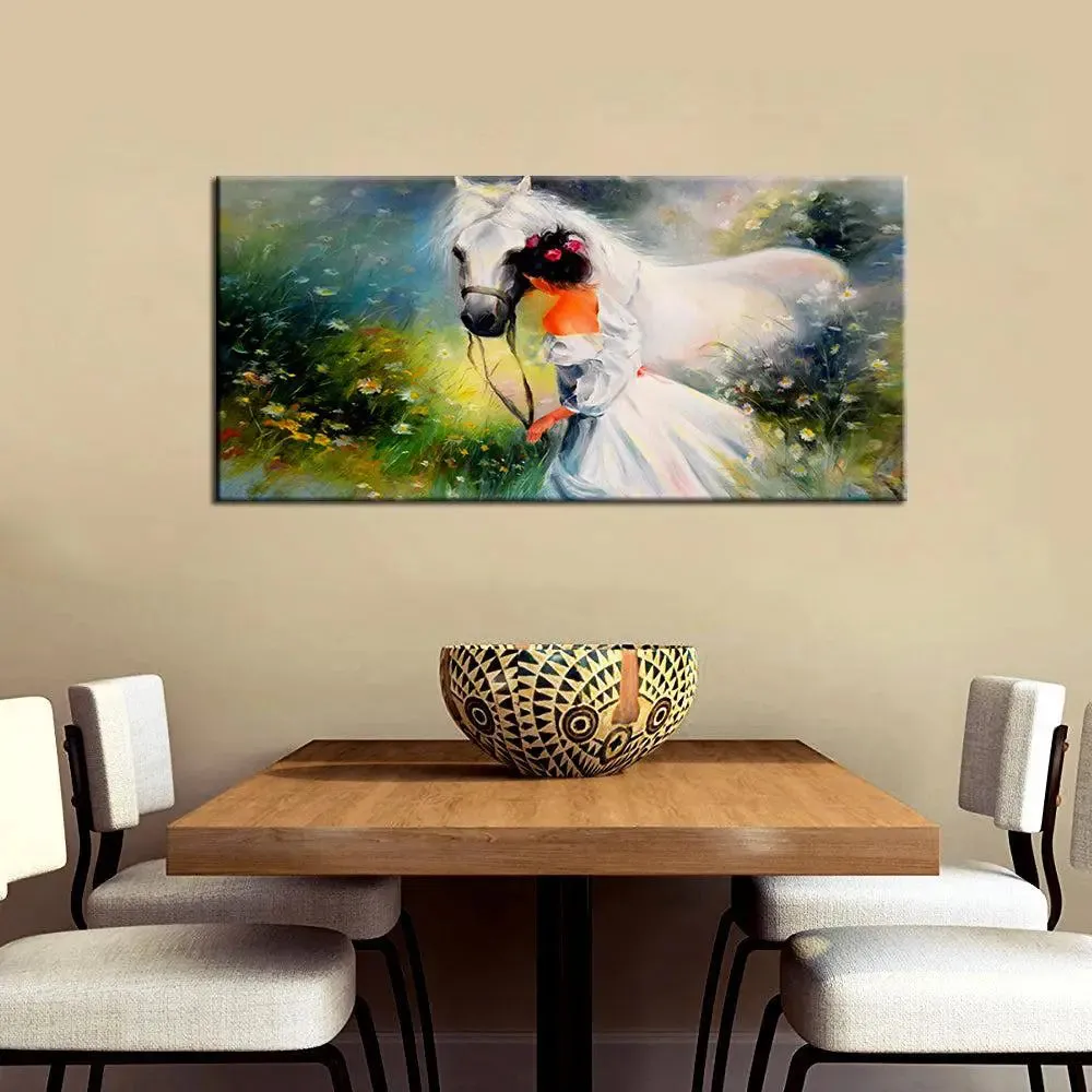 Girl with a Horse Canvas  Big Panoramic Wall Hanging With Wood Frame