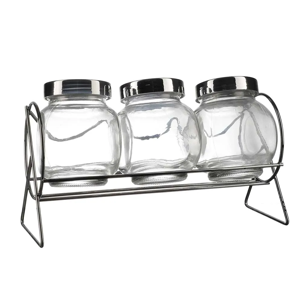 Glass Kitchen Spices Storage Jars With Metal Lids & Stand Set Of 3