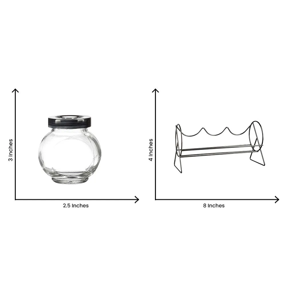 Glass Kitchen Spices Storage Jars With Metal Lids & Stand Set Of 3