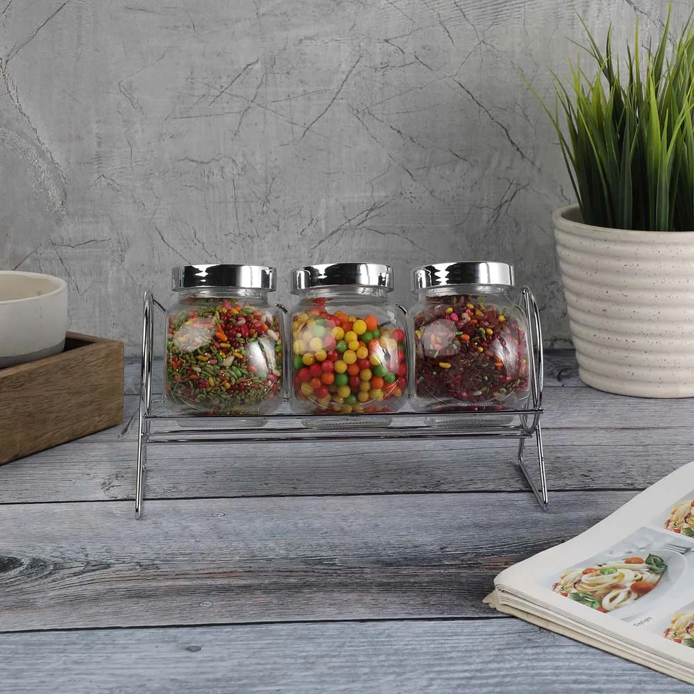 Glass Kitchen Spices Storage Jars With Metal Lids & Stand Set Of 3