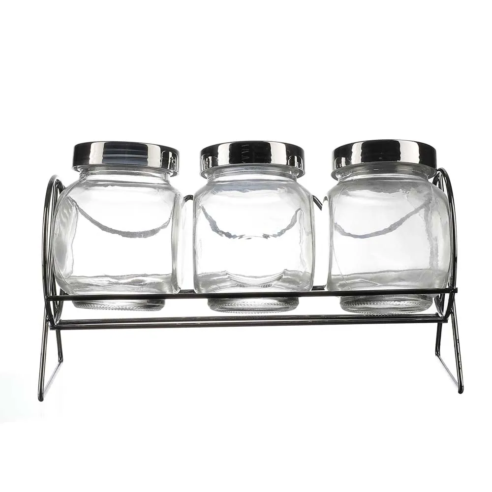 Glass Kitchen Spices Storage Jars With Metal Lids & Stand Set Of 3
