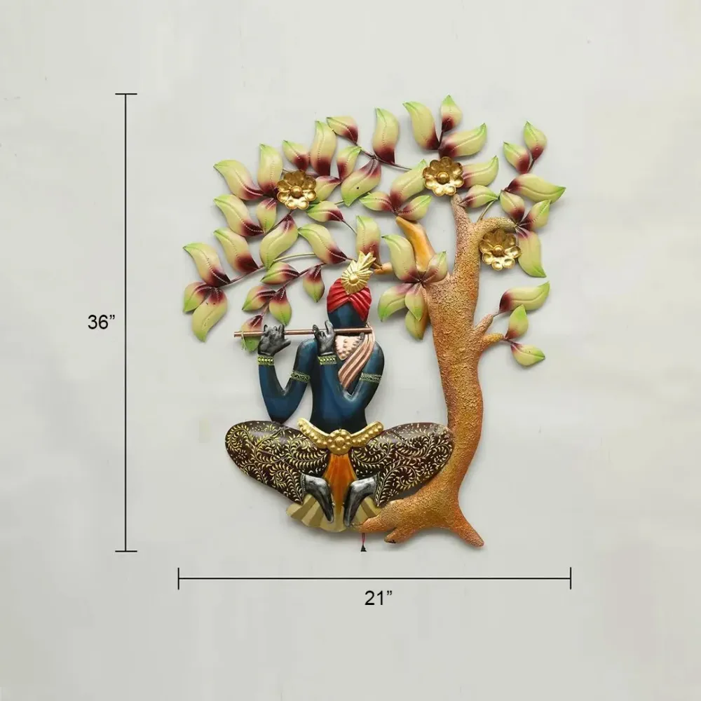 Gleeful Krishna Under The Tree LED Metal Wall Art