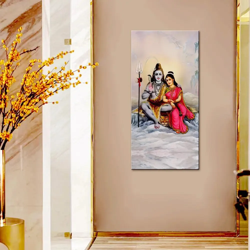 God Shiva Parvati Spiritual Canvas Printed Wall Painting With Wood Frame