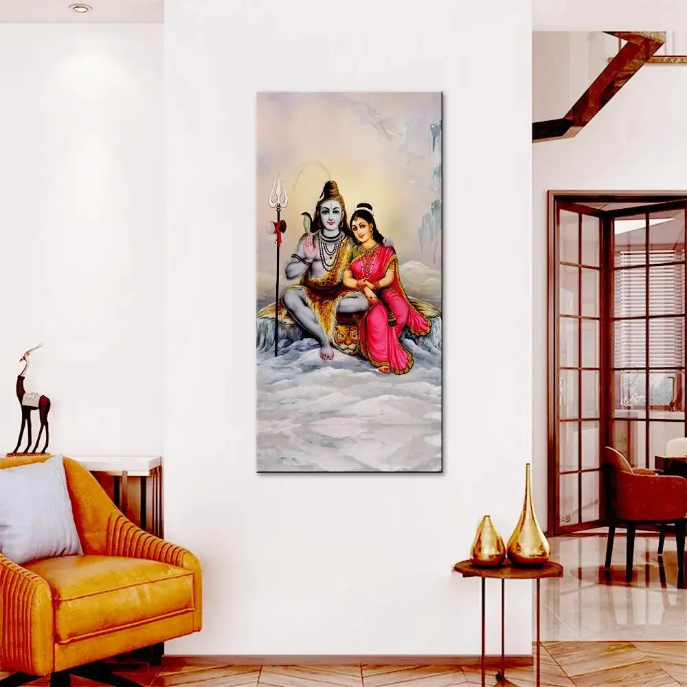 God Shiva Parvati Spiritual Canvas Printed Wall Painting With Wood Frame