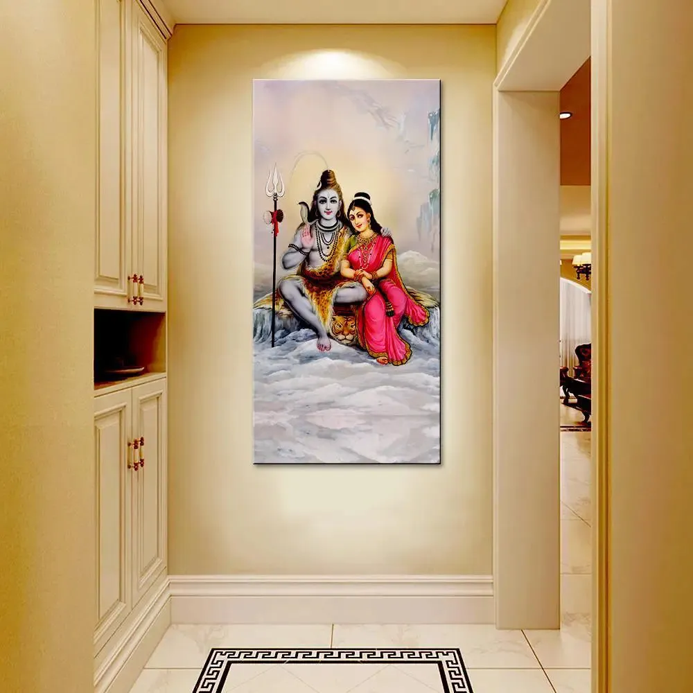 God Shiva Parvati Spiritual Canvas Printed Wall Painting With Wood Frame