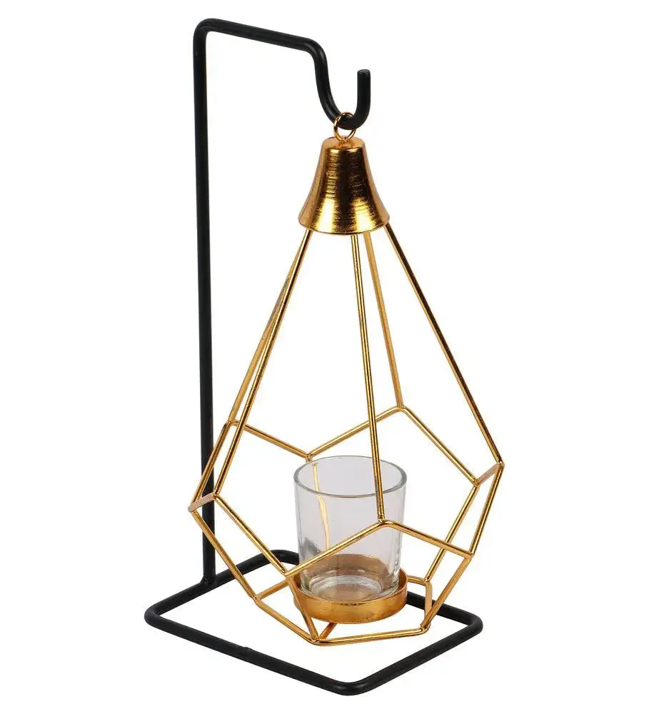 Gold & Black Diamond Pendulam Metal Tealight Holder with Glass