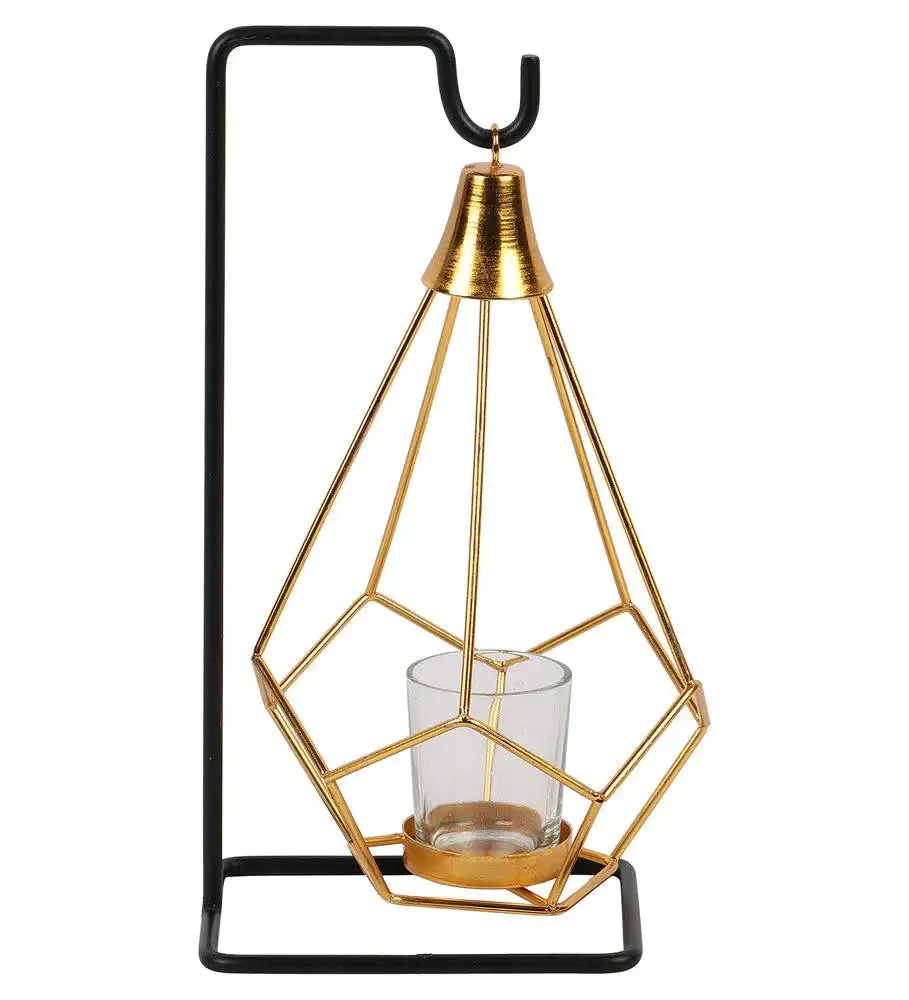 Gold & Black Diamond Pendulam Metal Tealight Holder with Glass