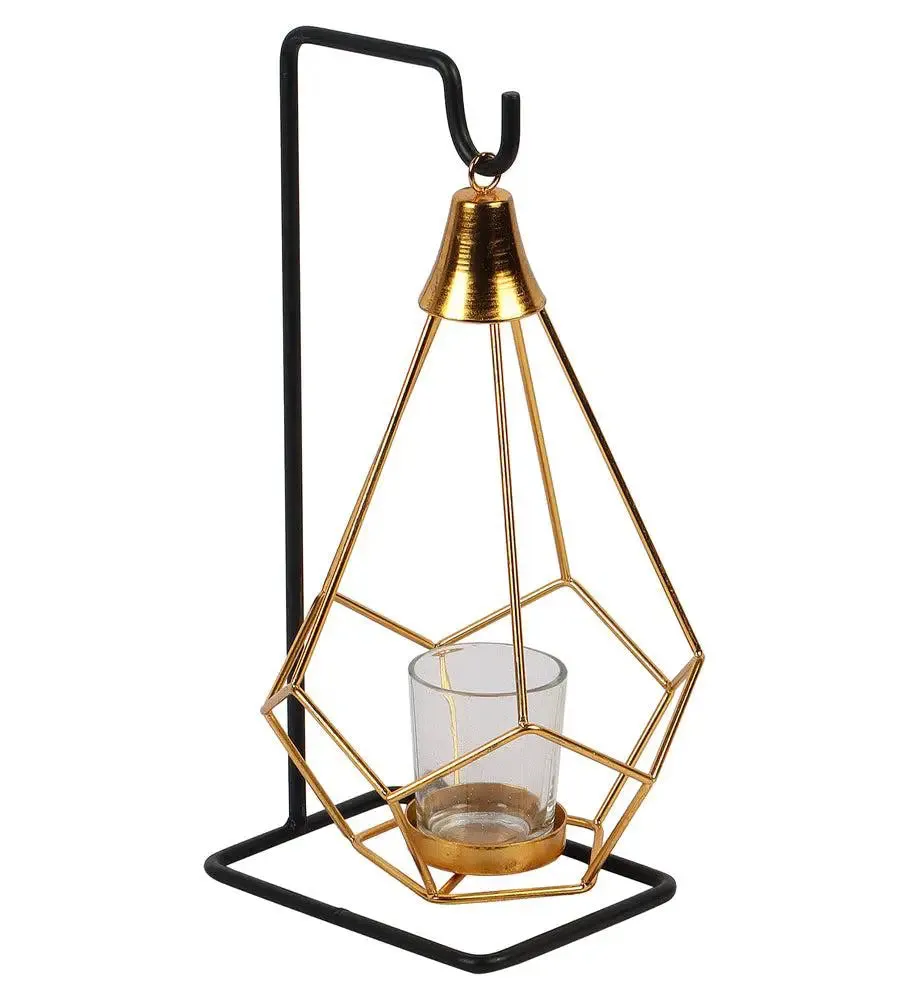 Gold & Black Diamond Pendulam Metal Tealight Holder with Glass