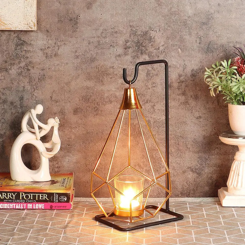 Gold & Black Diamond Pendulam Metal Tealight Holder with Glass