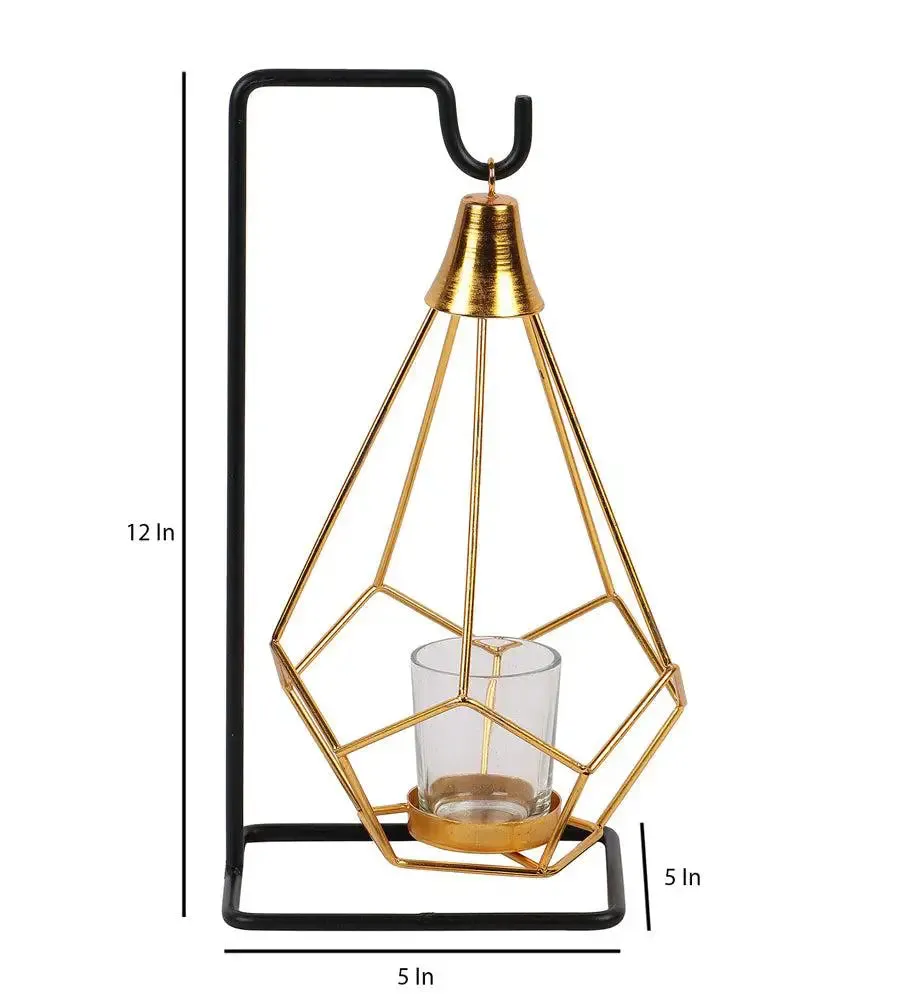 Gold & Black Diamond Pendulam Metal Tealight Holder with Glass