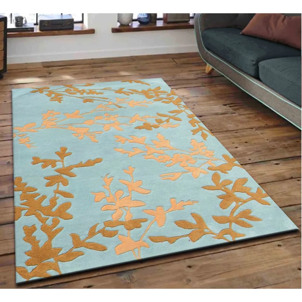 Gold Foiled Designer Blue Tufted Area Carpet 2X5ft