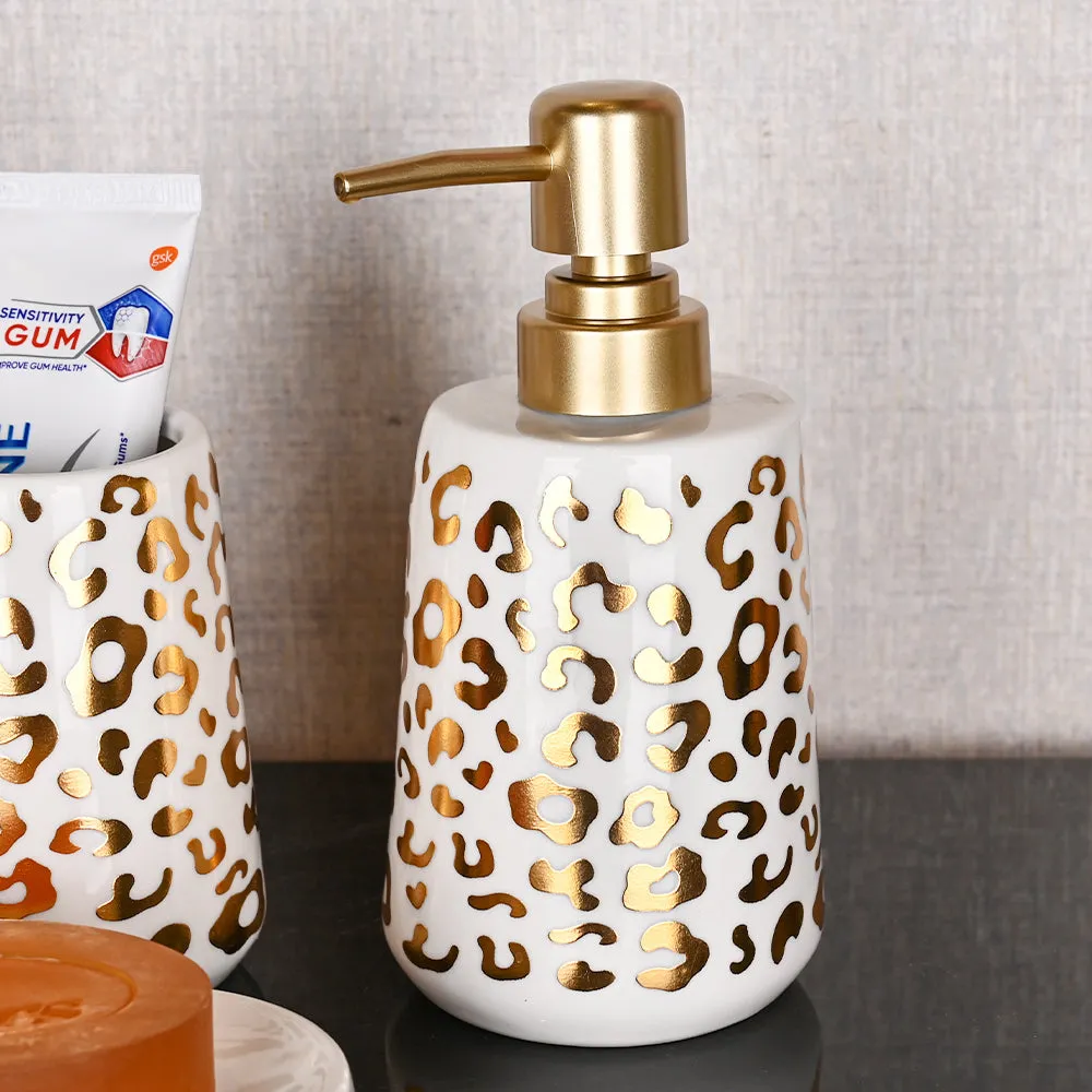 Gold Foiled Leopard Print Premium Ceramic Bathroom Set of 4 (Soap Dispenser, Soap Dish, Toothbrush Holder & Tumbler)
