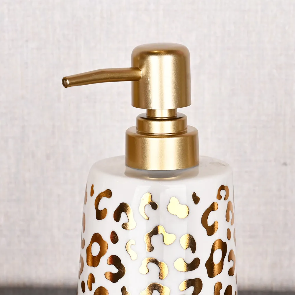 Gold Foiled Leopard Print Premium Ceramic Bathroom Set of 4 (Soap Dispenser, Soap Dish, Toothbrush Holder & Tumbler)