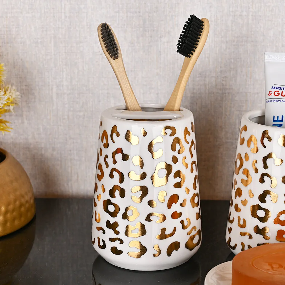 Gold Foiled Leopard Print Premium Ceramic Bathroom Set of 4 (Soap Dispenser, Soap Dish, Toothbrush Holder & Tumbler)