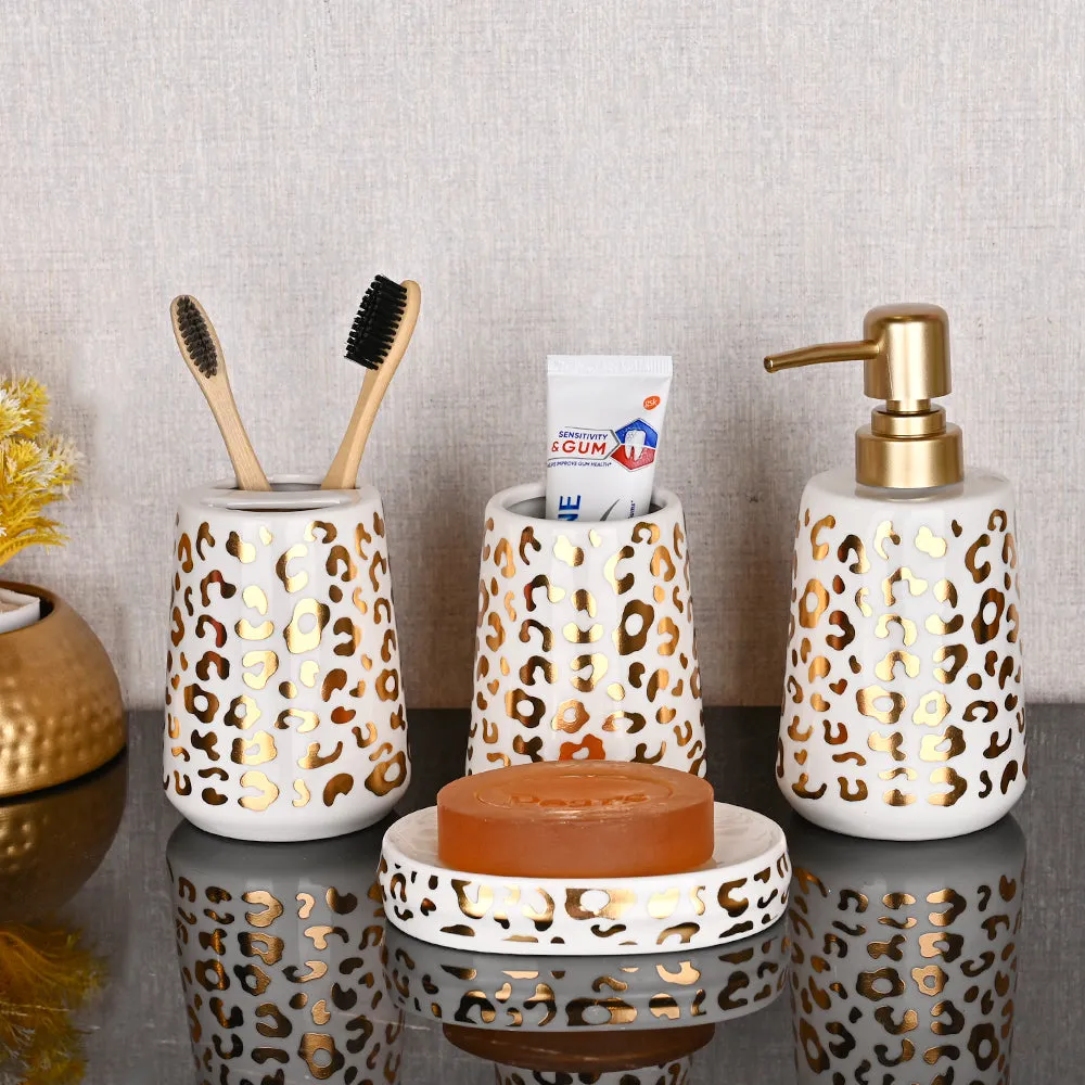 Gold Foiled Leopard Print Premium Ceramic Bathroom Set of 4 (Soap Dispenser, Soap Dish, Toothbrush Holder & Tumbler)