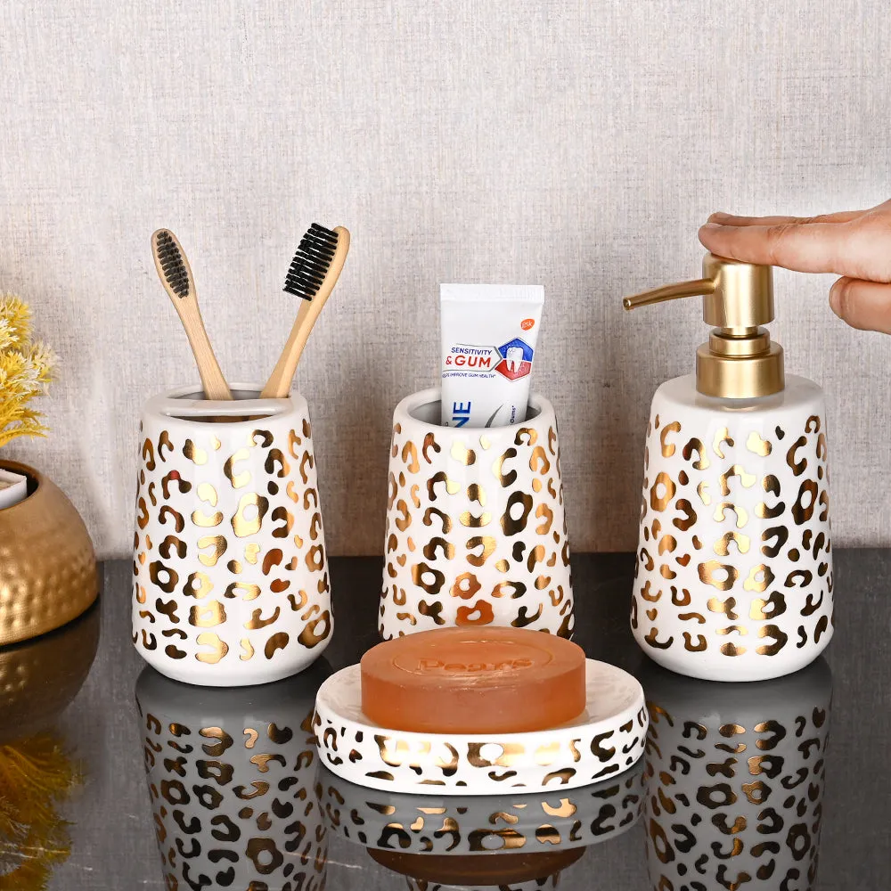 Gold Foiled Leopard Print Premium Ceramic Bathroom Set of 4 (Soap Dispenser, Soap Dish, Toothbrush Holder & Tumbler)