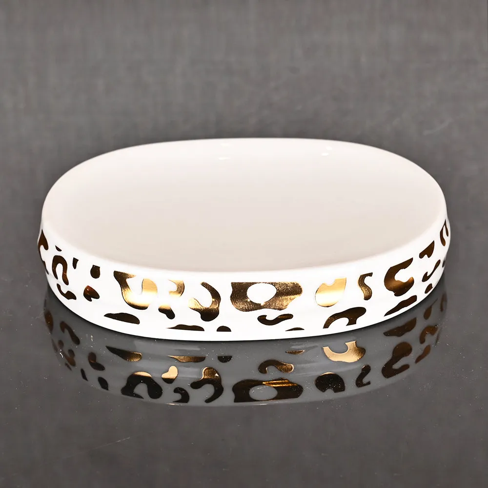 Gold Foiled Leopard Print Premium Ceramic Bathroom Set of 4 (Soap Dispenser, Soap Dish, Toothbrush Holder & Tumbler)
