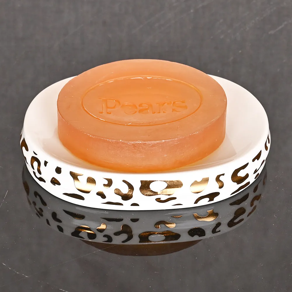 Gold Foiled Leopard Print Premium Ceramic Bathroom Set of 4 (Soap Dispenser, Soap Dish, Toothbrush Holder & Tumbler)