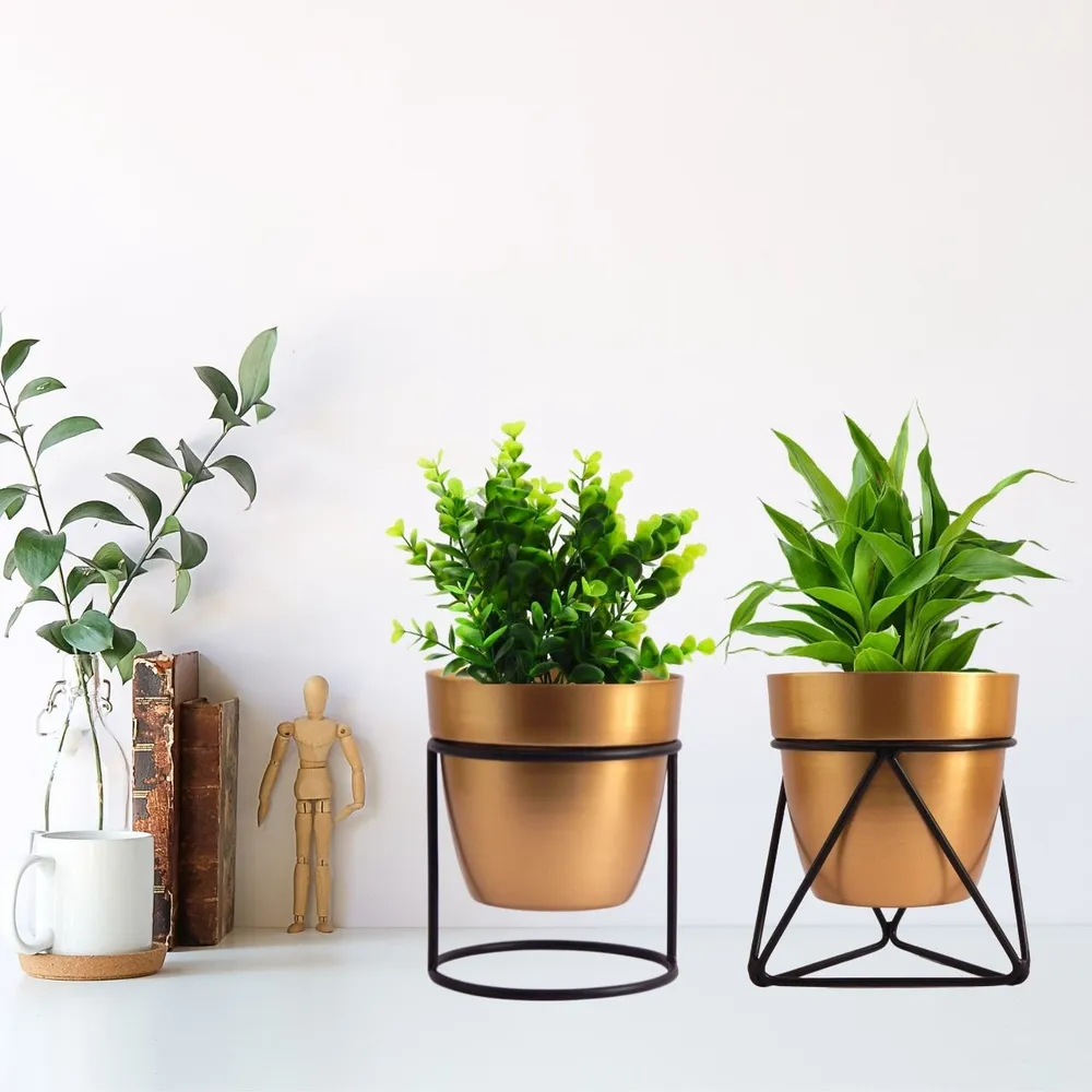 Gold Metal Planter Pot with Black Stand Set Of 2