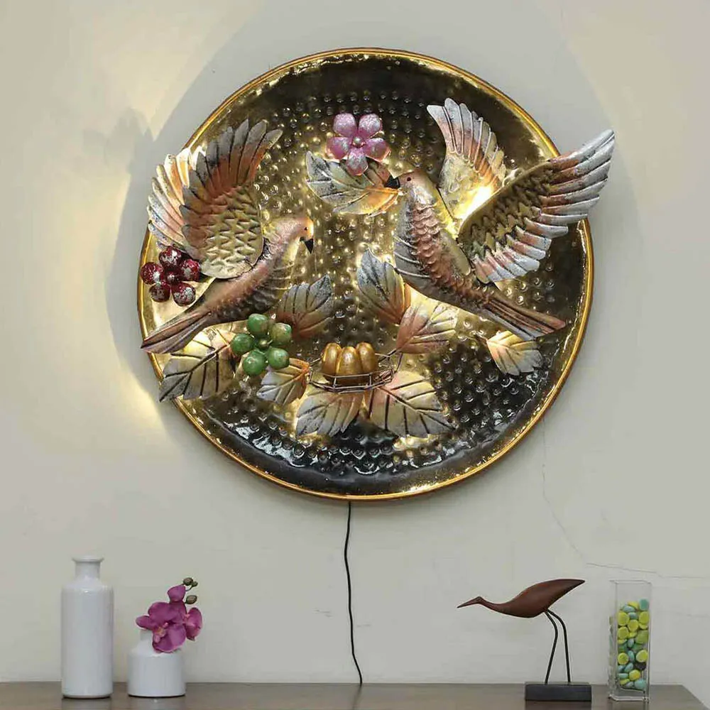 Gold Painted Birds With Eggs Backlit Round Metal Wall Art