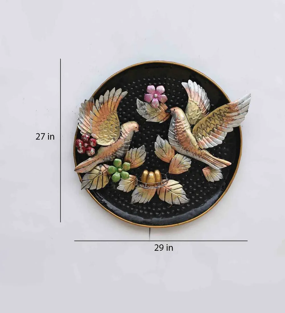 Gold Painted Birds With Eggs Backlit Round Metal Wall Art