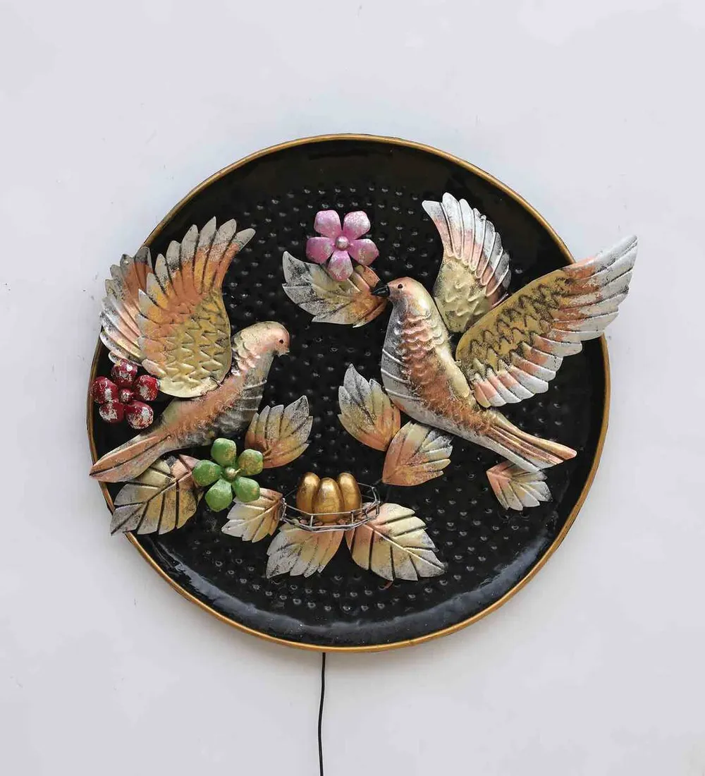 Gold Painted Birds With Eggs Backlit Round Metal Wall Art