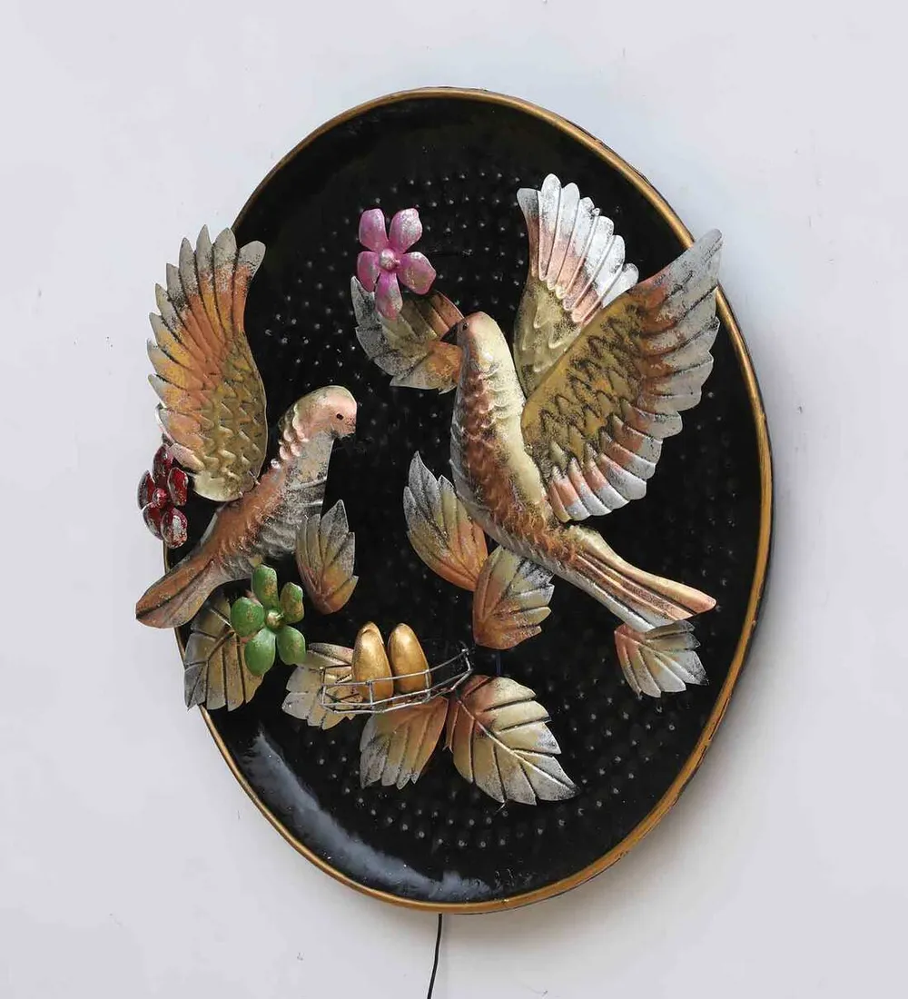 Gold Painted Birds With Eggs Backlit Round Metal Wall Art