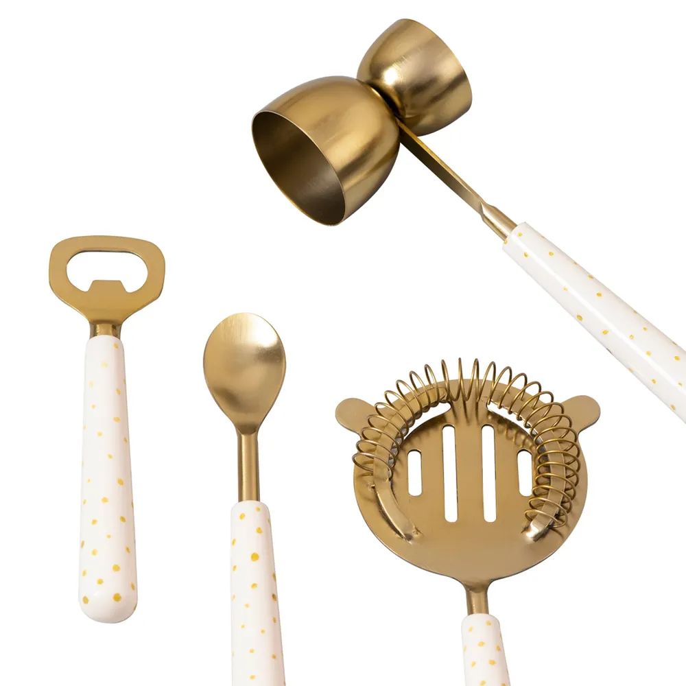 Gold Polka Dots Stainless Steel Bar Tool Set Of 4