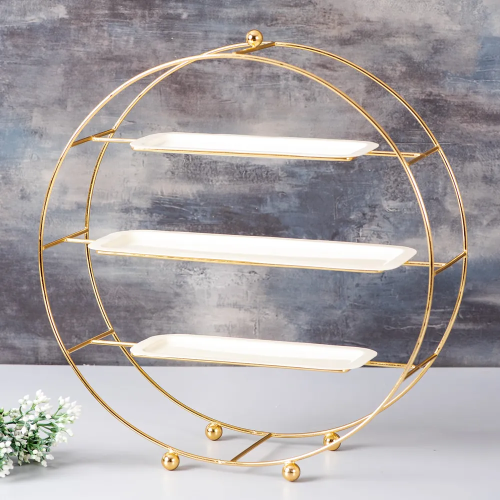 Gold Stand With White Plates Metal 3 Tier Buffet Organizer