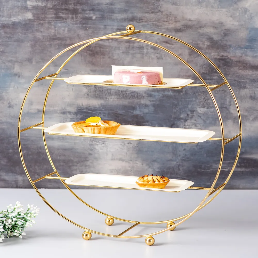 Gold Stand With White Plates Metal 3 Tier Buffet Organizer
