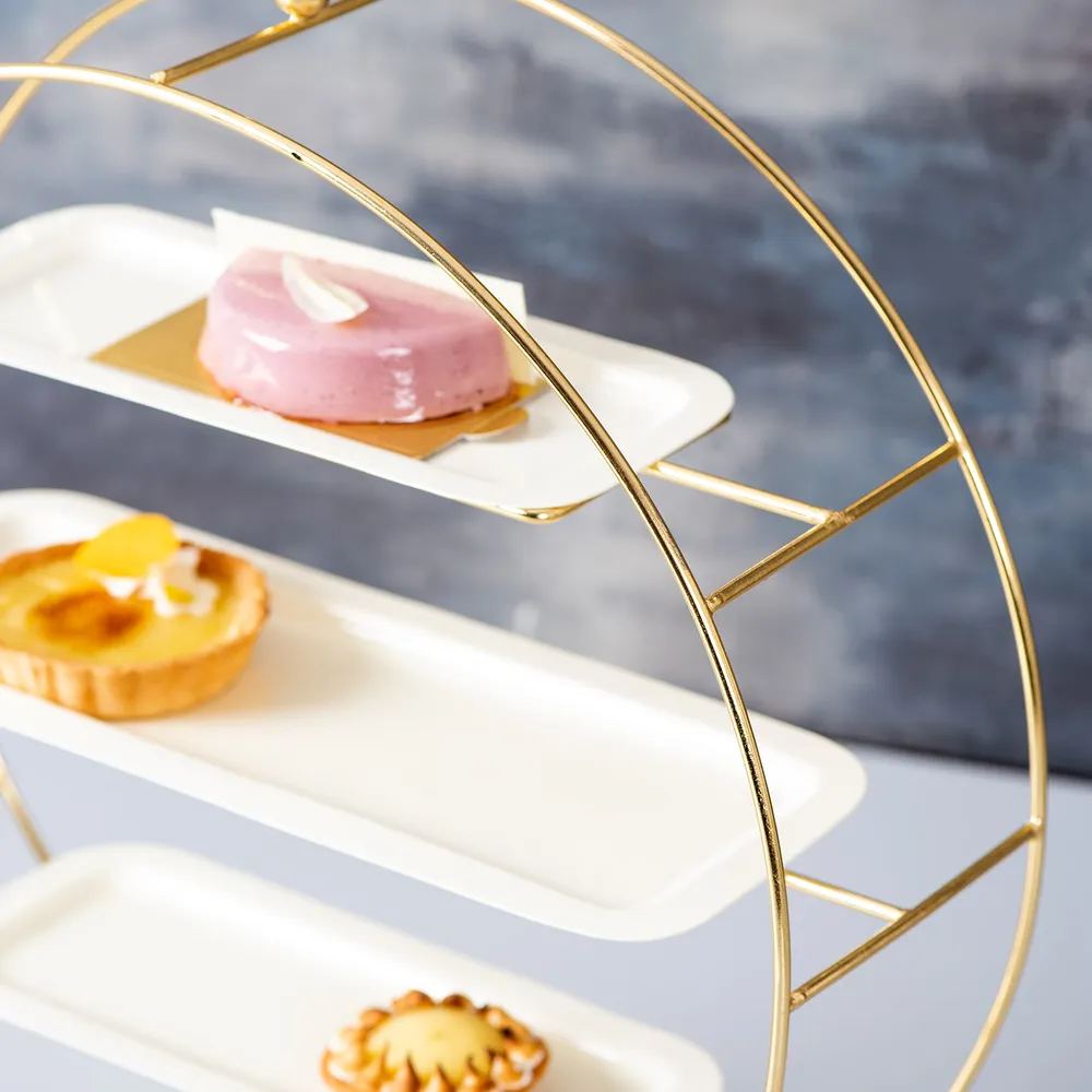 Gold Stand With White Plates Metal 3 Tier Buffet Organizer