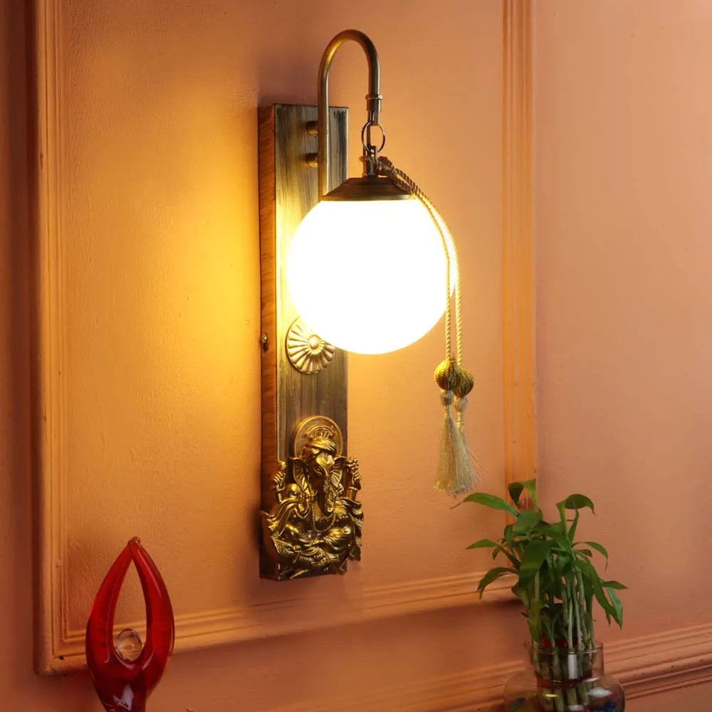 Gold-Tone Doom Glass Ganesh ji Wall Lamp Single Piece