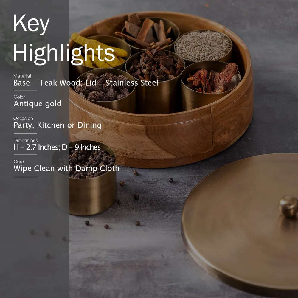 Gold Wood with Stainless Steel Jars & Lid Masala/Spice Box