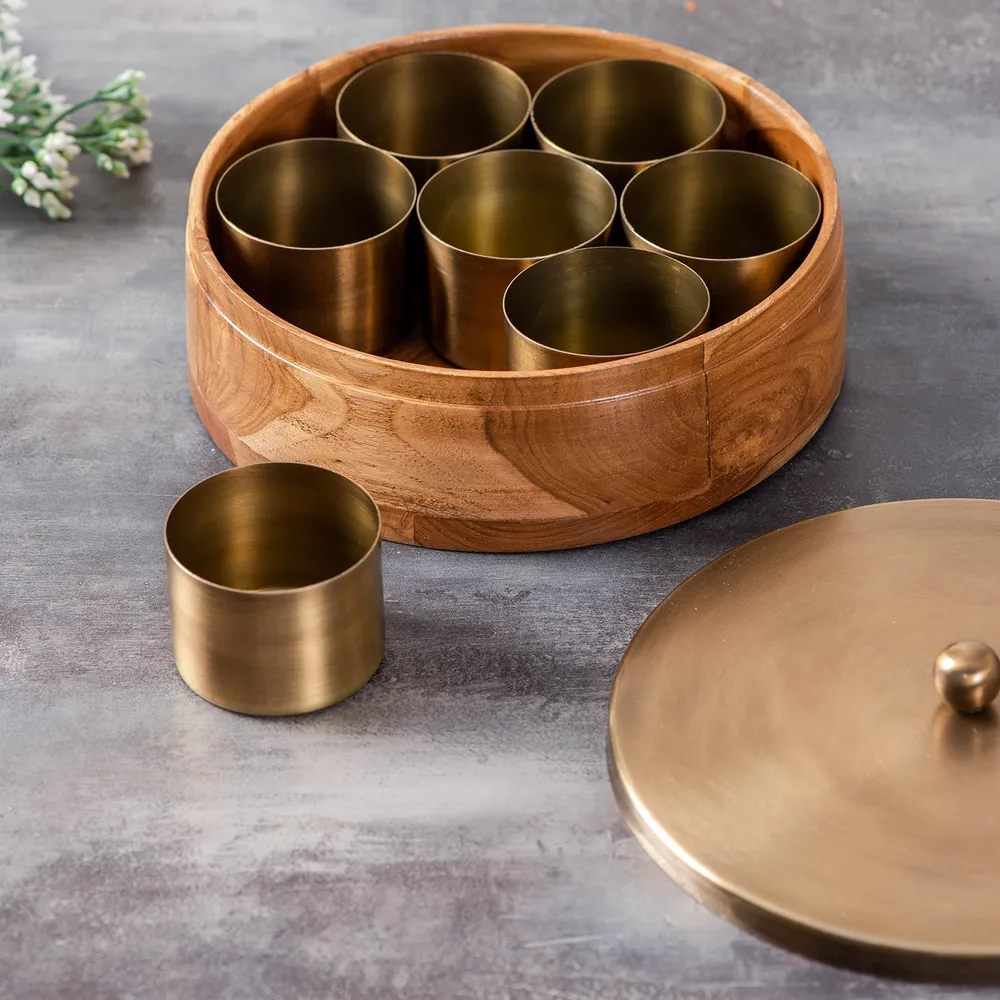 Gold Wood with Stainless Steel Jars & Lid Masala/Spice Box