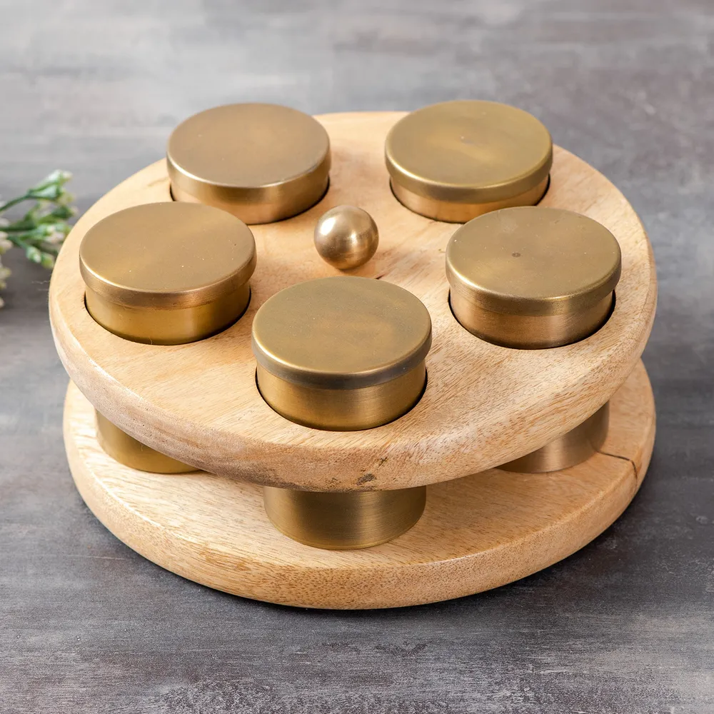 Gold Wood with Stainless Steel Jars Masala/ Spice Box